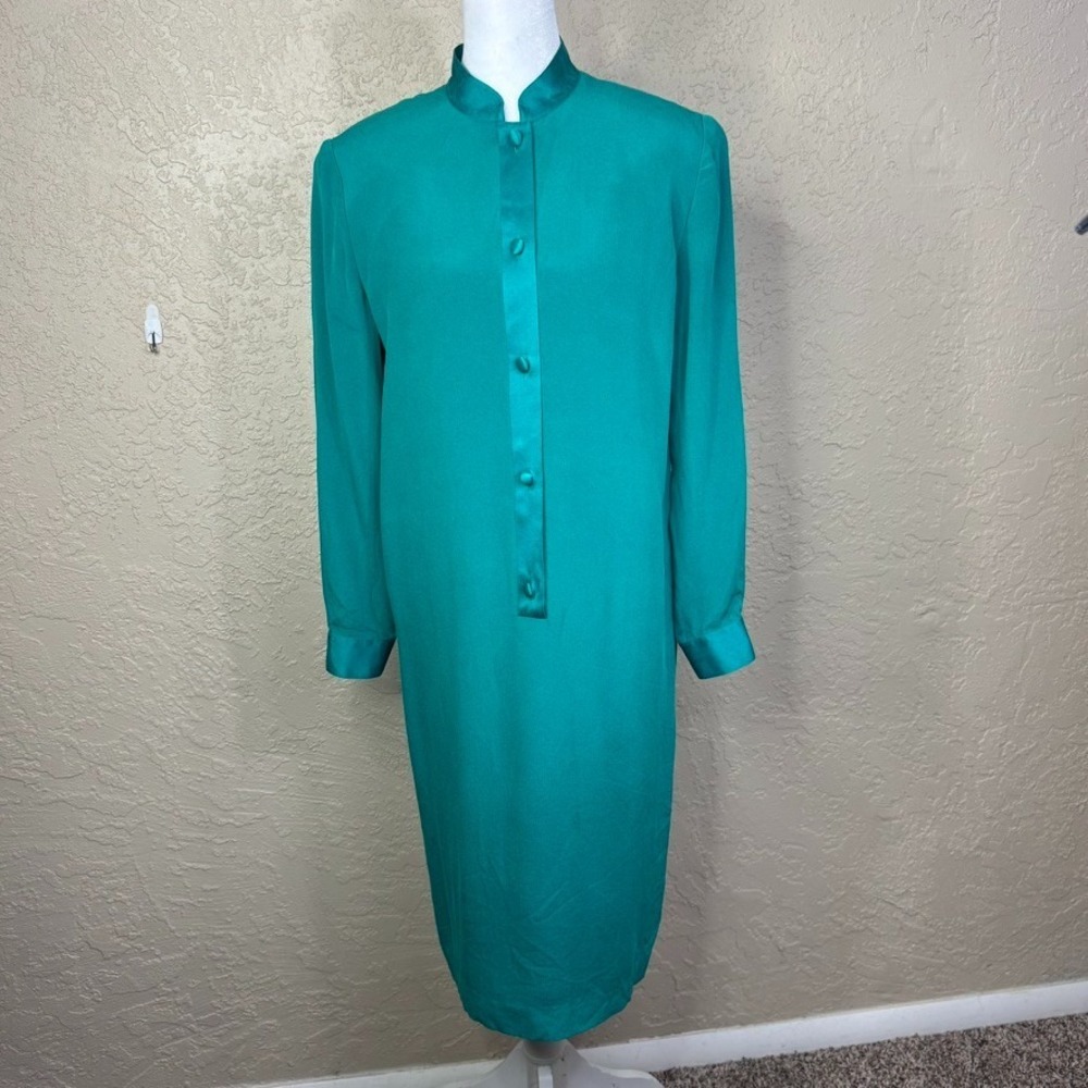 Vintage Shomi Womens Silk Midi Shift Dress Size 8 Button Teal Holiday Modest